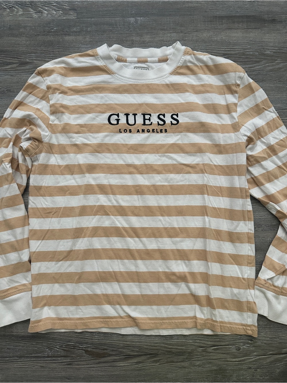 GUESS Men's Beige & White Stripe Long Sleeve Tee